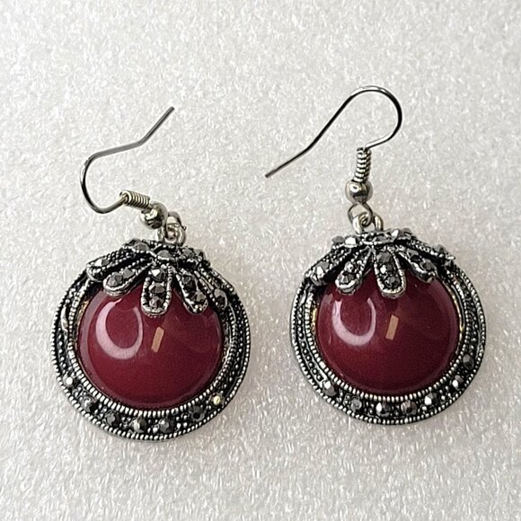 Maroon Red Round Cabochon Inspired Earrings - Picture 1 of 14